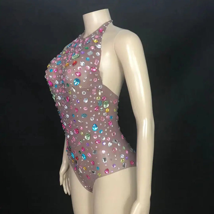Shimmering Multicolor Crystal Mesh Bodysuit: Sparkle Under the Nightclub Lights!