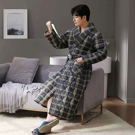 Men's Elegant Plaid Kimono Robe - Superior Cotton Lounge Wear for Chilly Seasons