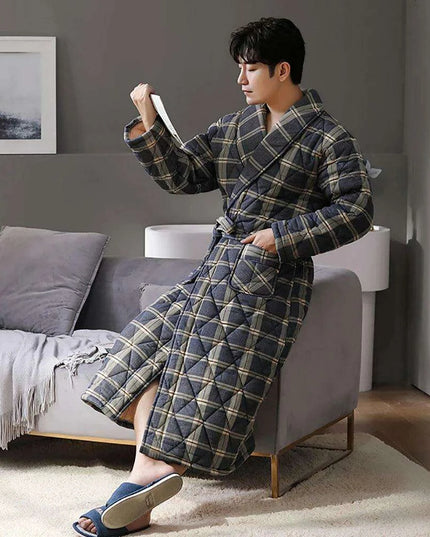 Men's Elegant Plaid Kimono Robe - Superior Cotton Lounge Wear for Chilly Seasons