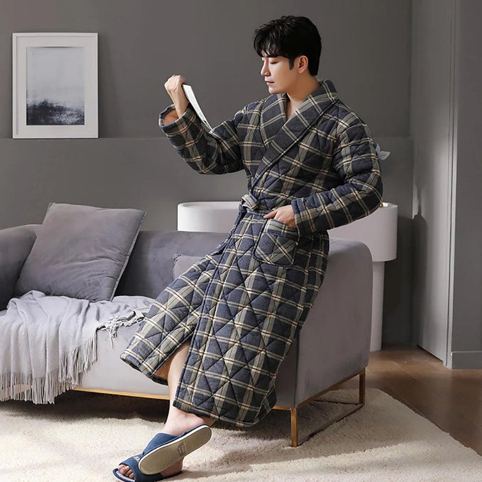 Plush Men's Tartan Kimono Robe - Soft Cotton Loungewear for Autumn & Winter Style, Breathable & Cozy