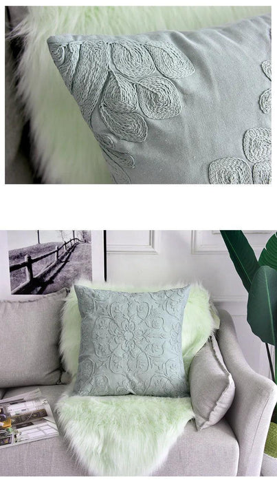 Embroidered Green Floral Cotton Cushion Cover - 50x50cm Decorative Throw for Sofa and Armchair