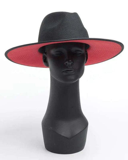 Elegant Two-Tone Red and Black Wool Fedora Hat for Women - Stylish Winter Accessory for Special Occasions