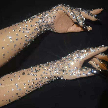 Glamorous Rhinestone-Embellished Mesh Gloves for Women - Perfect for Nightlife and Performances