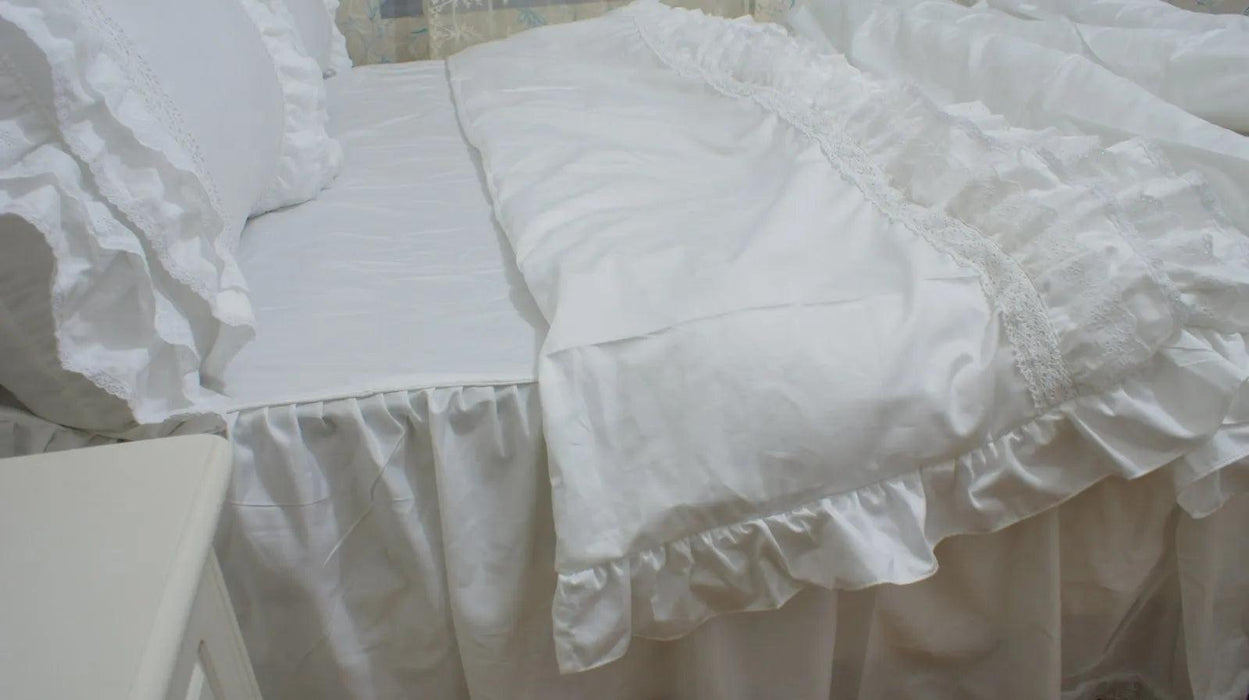 Lavish Embroidered White Cotton Bedding Set with Delicate Lace Trim