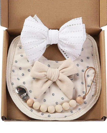 Chic Floral Baby Care Set: Bib, Headband, and Silicone Pacifier Clip in Festive Gift Box