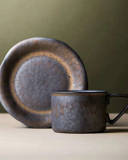 Vintage Japanese-Inspired Stoneware Coffee Mug Set with Elegant Serving Tray