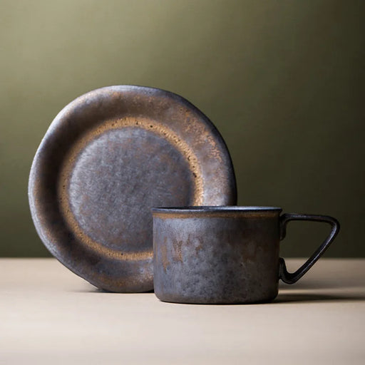 Elegant Vintage Japanese-Style Stoneware Coffee Mug Set with Matching Tray