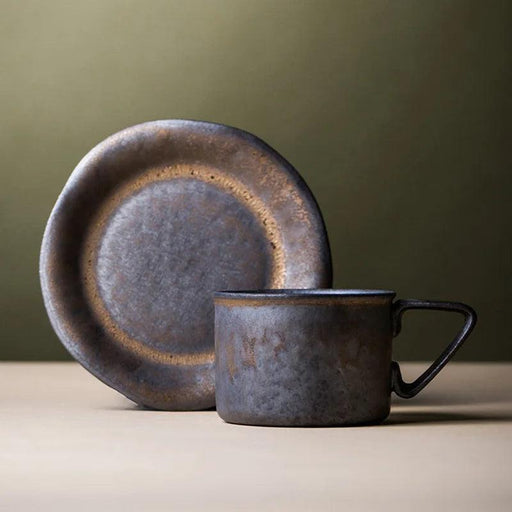 Vintage Japanese-Inspired Stoneware Coffee Mug Set with Elegant Serving Tray
