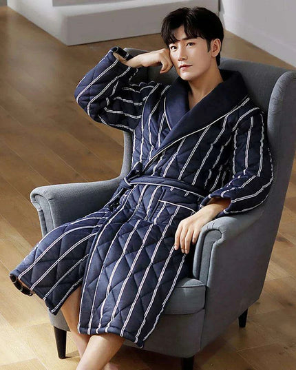 Men's Elegant Plaid Kimono Robe - Superior Cotton Lounge Wear for Chilly Seasons