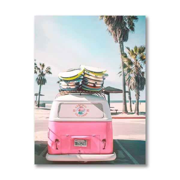 Vintage Coastal Van and Palm Tree Canvas Wall Art - Nostalgic Beach Scene Decor
