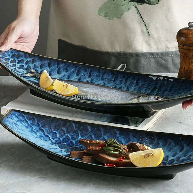 Ceramic Blue Fish Platter - A Stylish Centerpiece for Culinary Delights