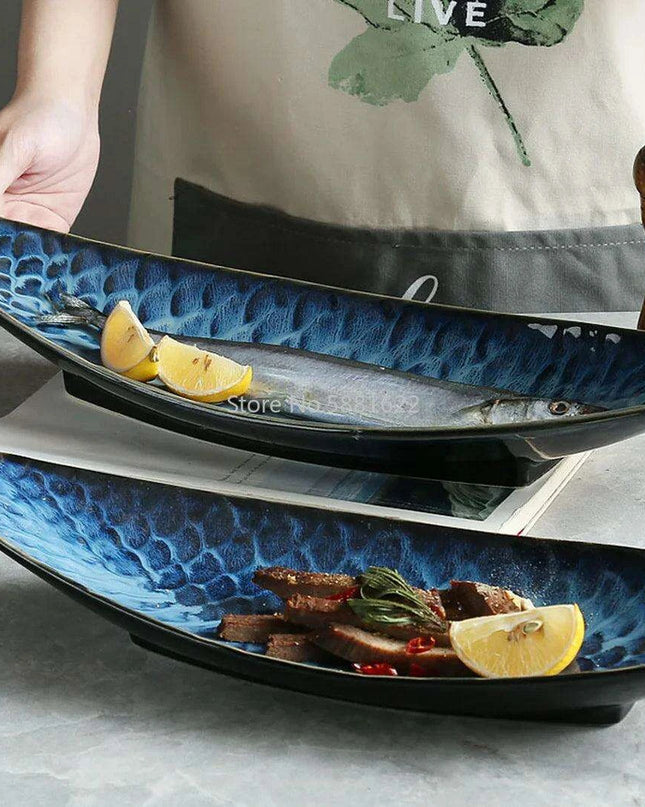 Ceramic Blue Fish Platter - A Stylish Centerpiece for Culinary Delights