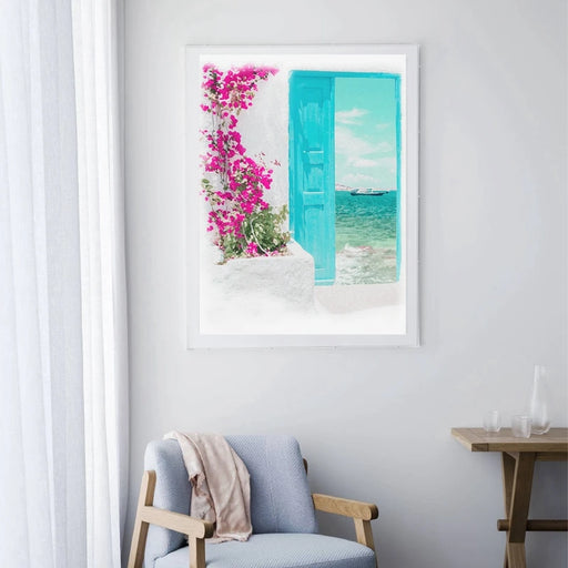 Elegant Santorini Blue Gate Watercolor Coastal Canvas Art - Stunning Home Accessories