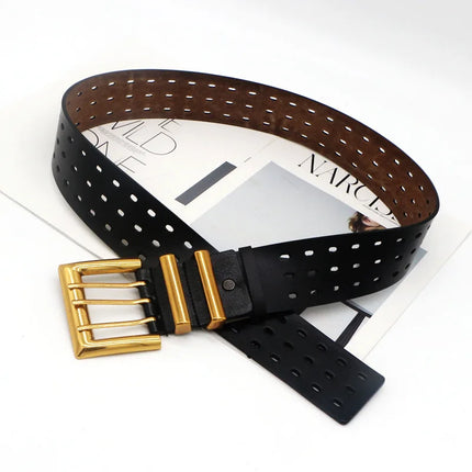 Two-Layer Cowhide Wide Belt with Bronze Buckle — 5.8cm Women’s Leather