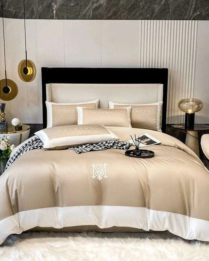 Elegant Gray 60S Egyptian Cotton Luxury Bedding Set with Intricate Embroidery - Duvet Cover, Sheet & Pillowcases