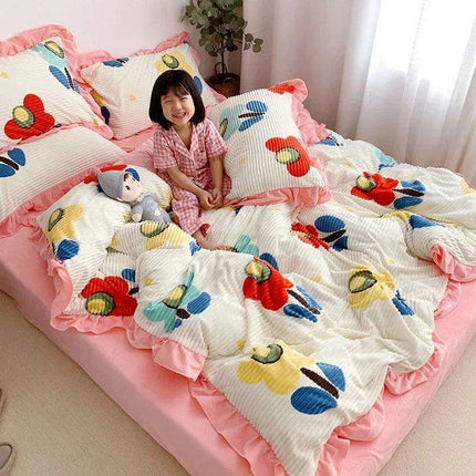 Opulent Velvet Striped Fleece Bedding Ensemble - 3 or 4 Piece Set with Ruffled Duvet Cover and Flannel Sheets