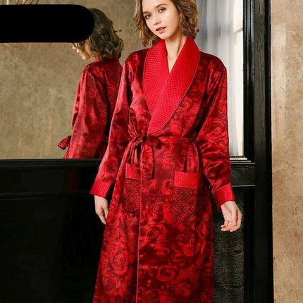 Plush Winter Plaid Silk Robe and Gown Set in Vibrant Red Rose for Women