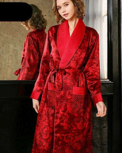 Plush Winter Plaid Silk Robe and Gown Set in Vibrant Red Rose for Women
