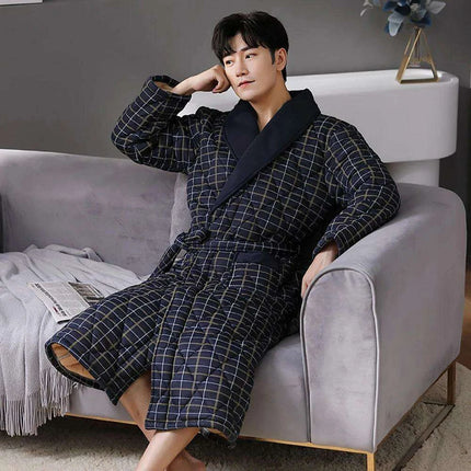 Men's Elegant Plaid Kimono Robe - Superior Cotton Lounge Wear for Chilly Seasons