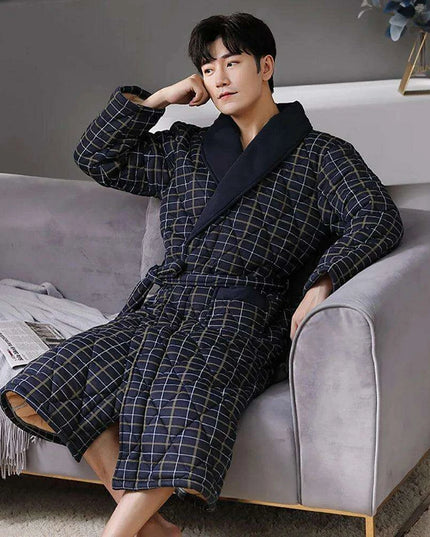 Men's Elegant Plaid Kimono Robe - Superior Cotton Lounge Wear for Chilly Seasons