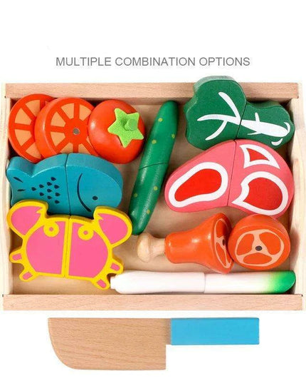 Montessori Wooden Kitchen Playset - Interactive Pretend Cooking Toy with Fruit & Vegetable Cutting Set for Children