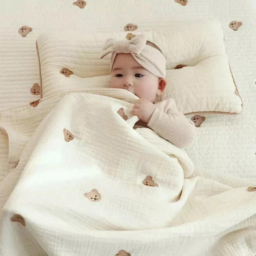 Baby Blanket with Bear Embroidery - Cotton Kids Sleeping Blanket for Cozy Bedtime