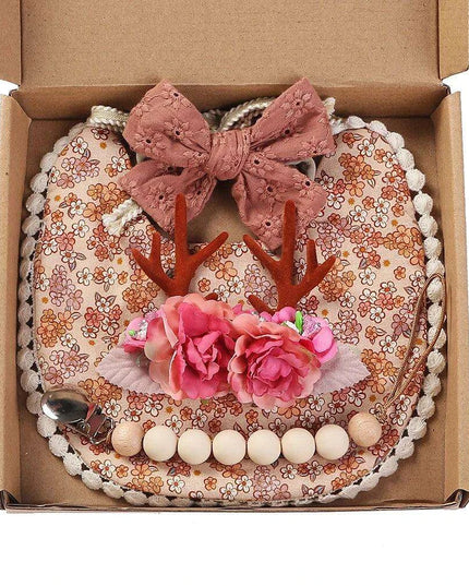 Chic Floral Baby Care Set: Bib, Headband, and Silicone Pacifier Clip in Festive Gift Box