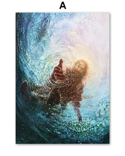 Divine Coastal Serenity: Christ Jesus Nordic Canvas Art for Spiritual Spaces