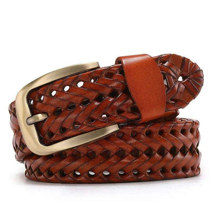 Men's Elegant Gold Buckle Braided Genuine Leather Belt