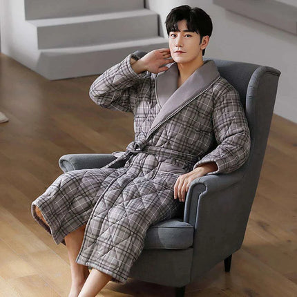 Men's Elegant Plaid Kimono Robe - Superior Cotton Lounge Wear for Chilly Seasons