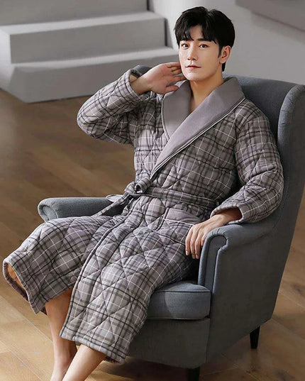 Men's Elegant Plaid Kimono Robe - Superior Cotton Lounge Wear for Chilly Seasons
