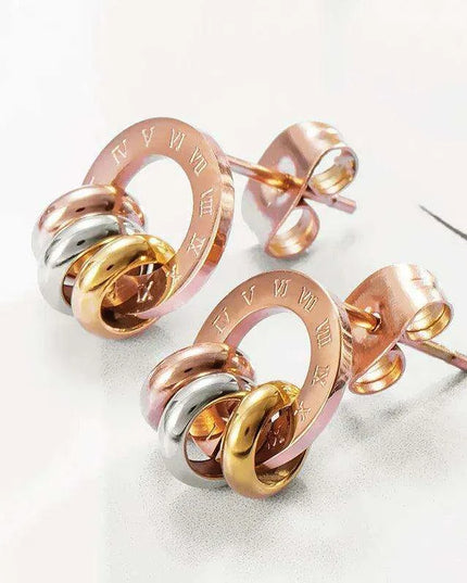 Chic Rose Gold Stainless Steel Stud Earrings with Roman Numeral Design - A Timeless Gift for Her
