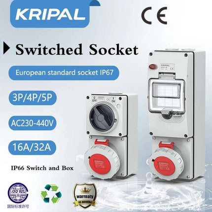 Heavy-Duty Waterproof 32A CEE Combination Socket with Circuit Protection and Switch Control - Très Elite