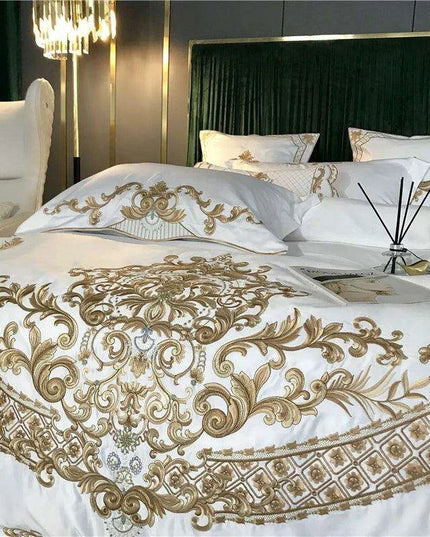 Elegant White Satin and Cotton Embroidered Luxury Bedding Collection with Duvet Cover, Sheets, and Pillowcases