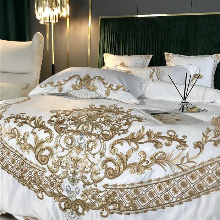 Elegant White Satin and Cotton Embroidered Luxury Bedding Collection with Duvet Cover, Sheets, and Pillowcases