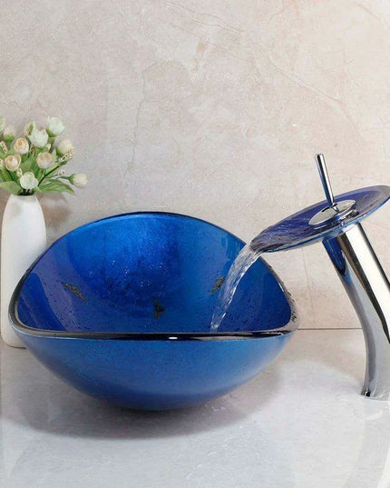 Charming Glass Sink with Waterfall Faucet Ensemble - Stylish Upgrade for Your Bathroom