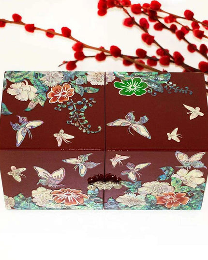 Handcrafted Mother of Pearl Jewelry Organizer Box with Peony & Butterfly Design