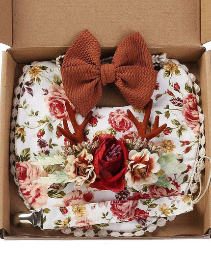 Chic Floral Baby Care Set: Bib, Headband, and Silicone Pacifier Clip in Festive Gift Box