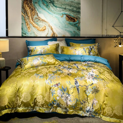 Luxury Vintage Birds & Blossom Gold Duvet Cover Set – 4 Piece
