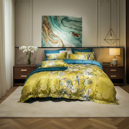 Luxury Vintage Birds & Blossom Gold Duvet Cover Set – 4 Piece