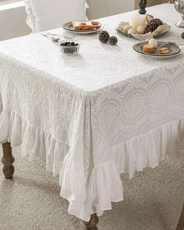 Elegant Embroidered Lace Table Cover - Premium Cotton Ruffles for Dining Sophistication