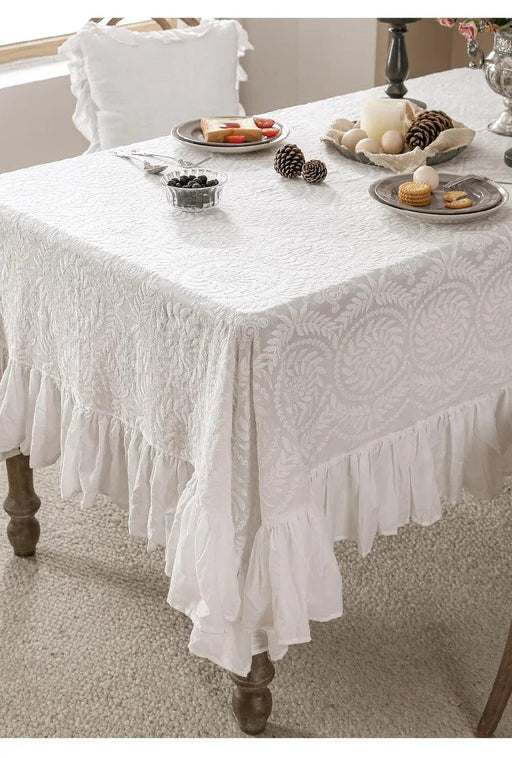 Elegant Embroidered Lace Table Cover - Premium Cotton Ruffles for Dining Sophistication