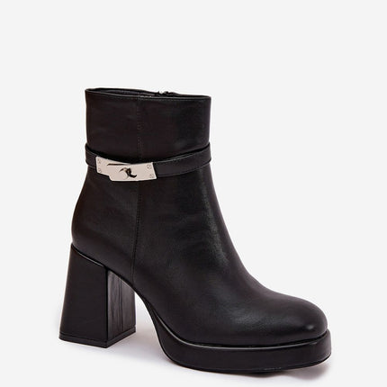 Eco Leather Heel Boots 221521 Womens Ankle Boots With Zipper Decorative Strap - Très Elite