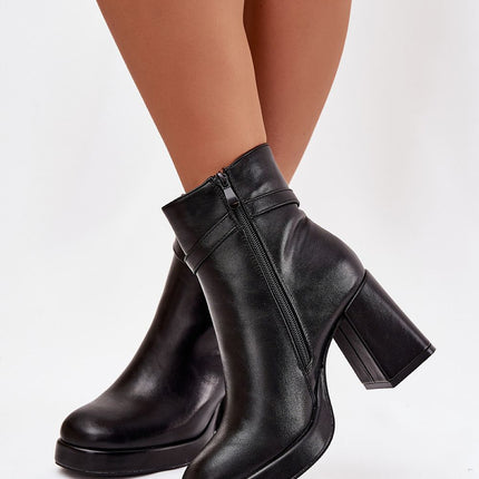 Eco Leather Heel Boots 221521 Womens Ankle Boots With Zipper Decorative Strap - Très Elite