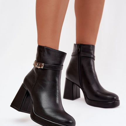 Eco Leather Heel Boots 221521 Womens Ankle Boots With Zipper Decorative Strap - Très Elite