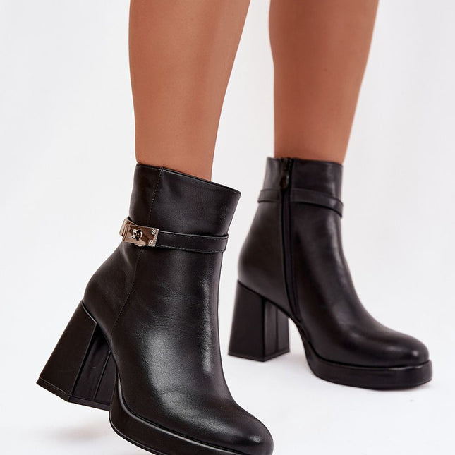 Eco Leather Heel Boots 221521 Womens Ankle Boots With Zipper Decorative Strap - Très Elite