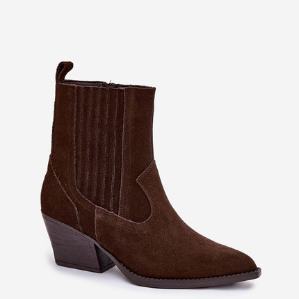 Women Cowgirl Boots Natural Suede Pointed Toe With Zipper And Block Heel - Très Elite