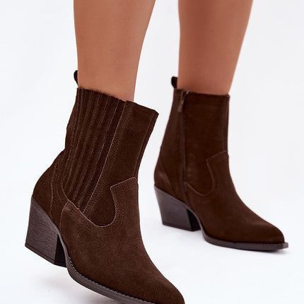 Women Cowgirl Boots Natural Suede Pointed Toe With Zipper And Block Heel - Très Elite