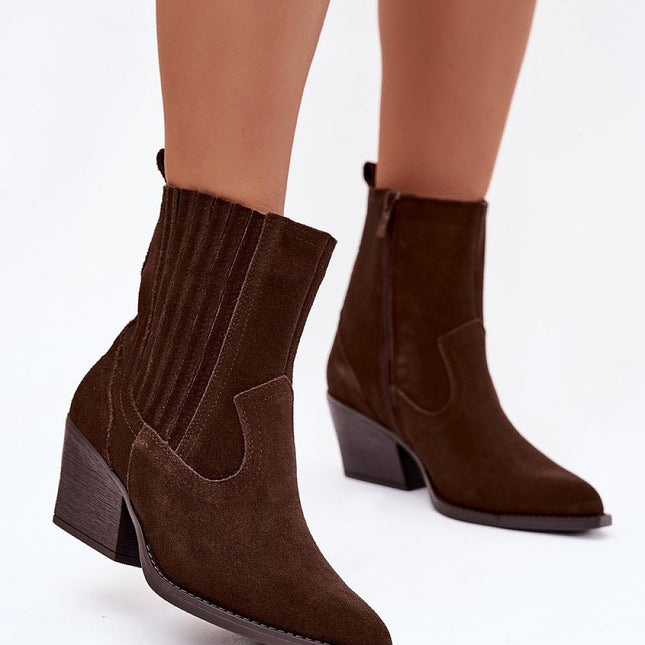 Women Cowgirl Boots Natural Suede Pointed Toe With Zipper And Block Heel - Très Elite