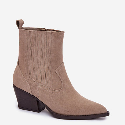 Cowgirl Boots For Women Natural Suede Pointed Toe With Zipper And Block Heel - Très Elite